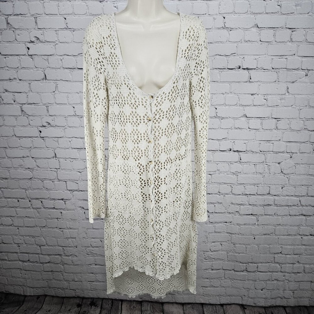 FP Beach Free People Beige Crochet Knit Long Sleeve Cover Up Cardigan Medium M